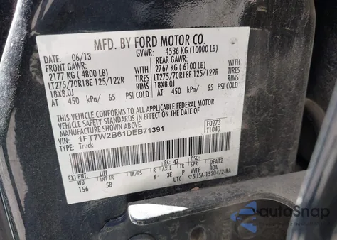 2013 Ford F-250 Lariat z USA, uszkodzony, nr VIN 1FT7W2B61DEB71391